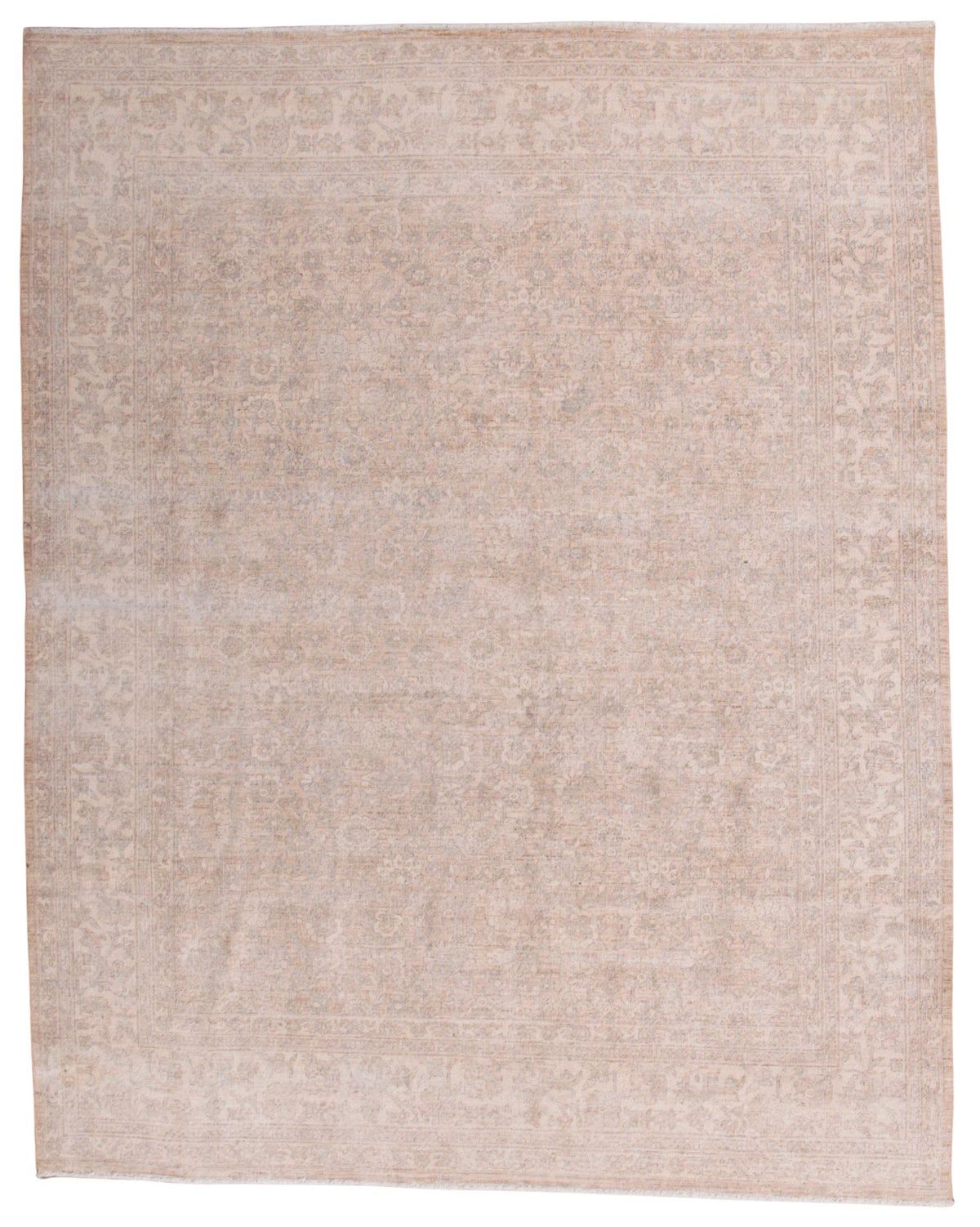 A square area rug with a distressed, faded traditional pattern in warm beige and light brown tones, shown flat against a white background.