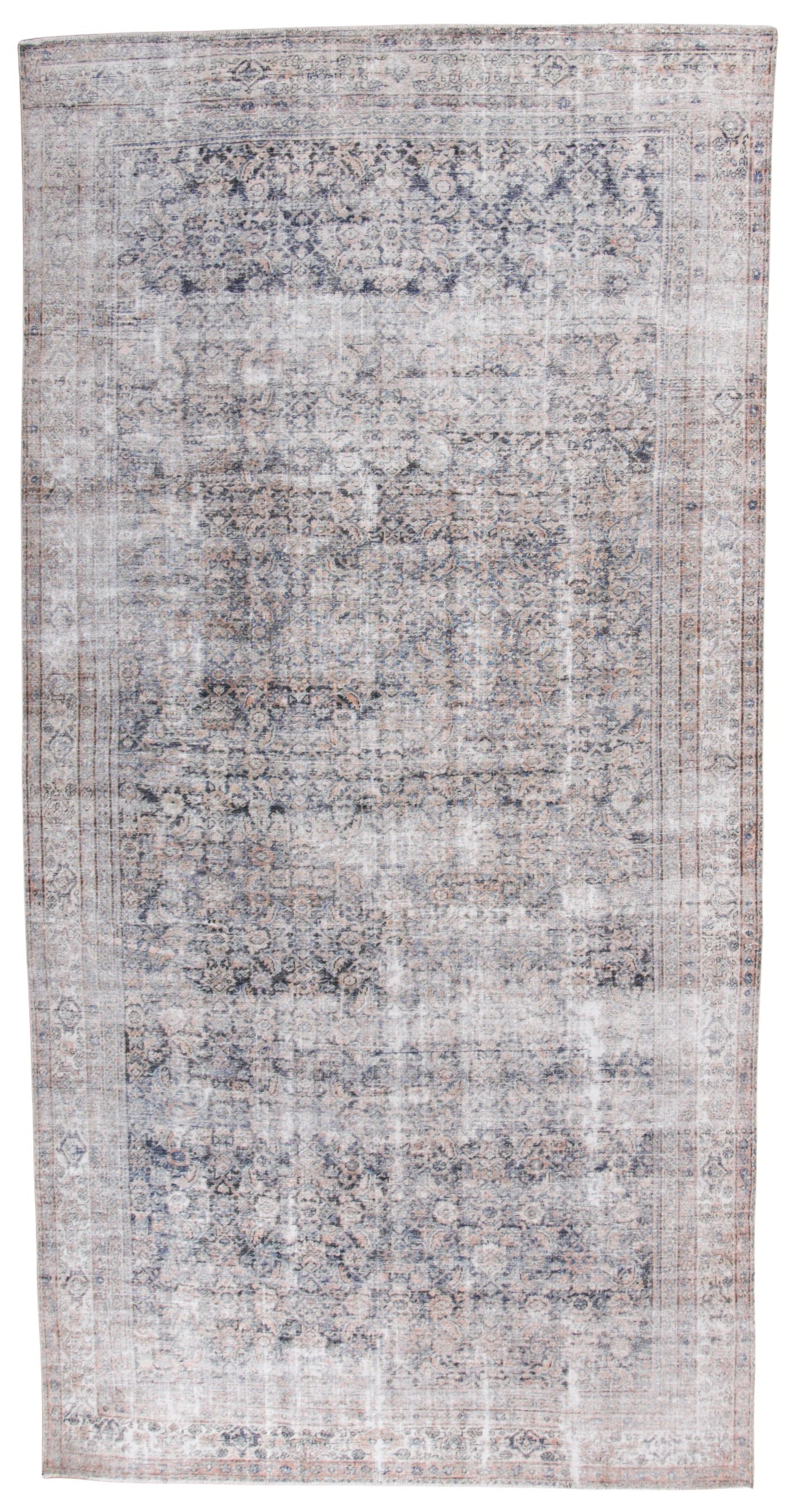 A rectangular distressed area rug with an intricate traditional pattern in faded shades of blue, gray, beige, and brown.