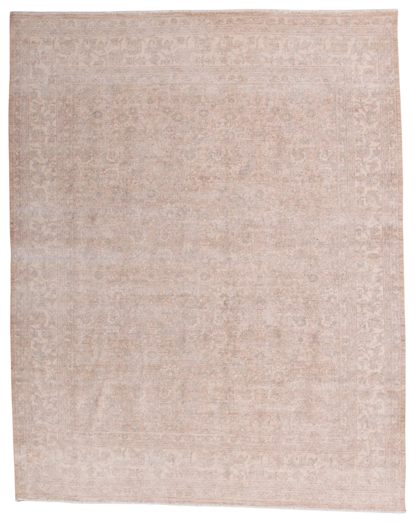 A square area rug with a distressed, faded traditional pattern in warm beige and light brown tones, shown flat against a white background.