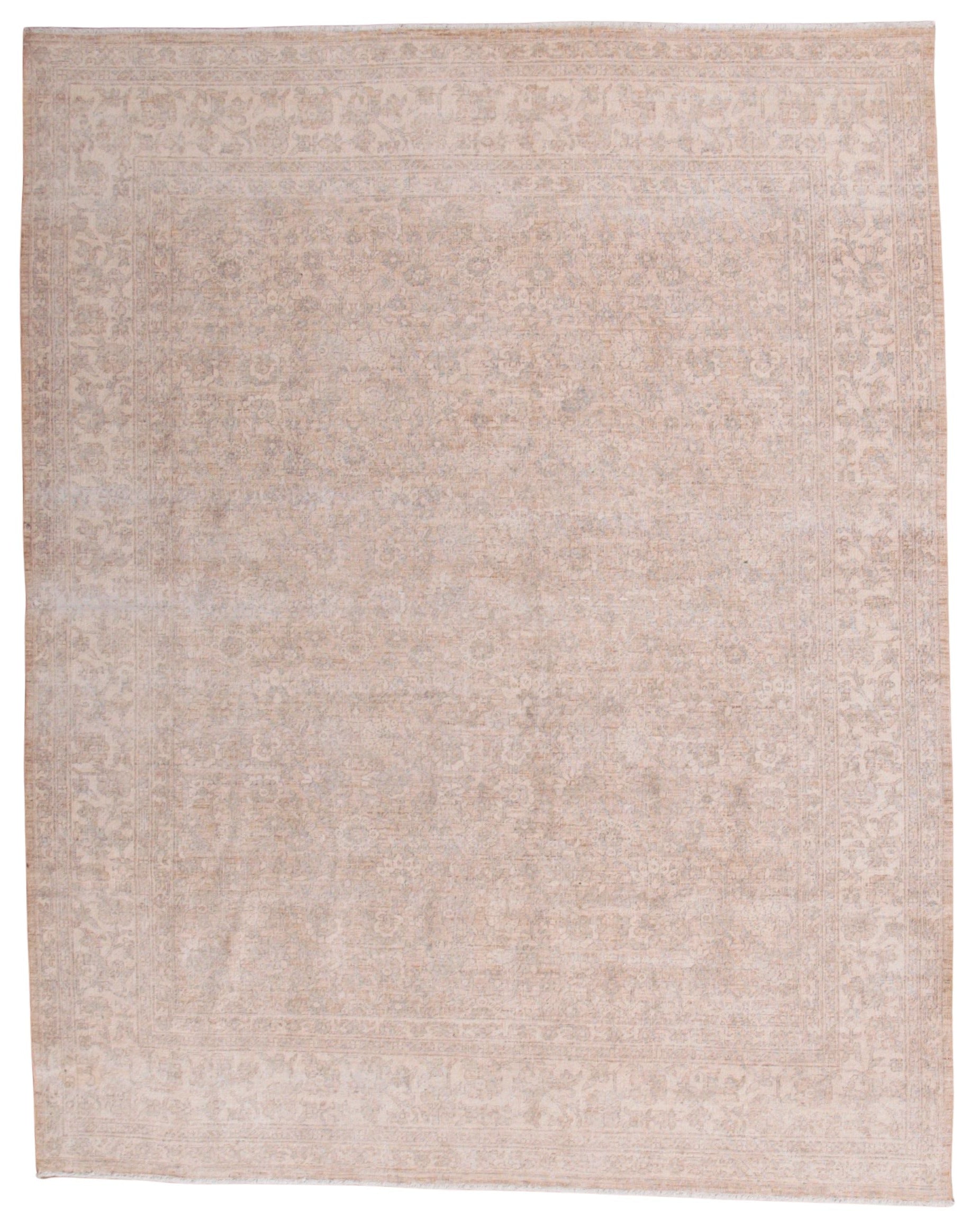 A square area rug with a distressed, faded traditional pattern in warm beige and light brown tones, shown flat against a white background.