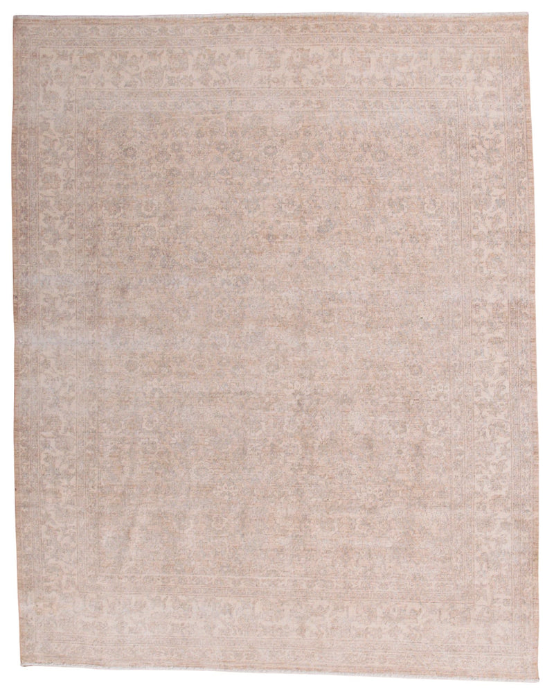 A square area rug with a distressed, faded traditional pattern in warm beige and light brown tones, shown flat against a white background.