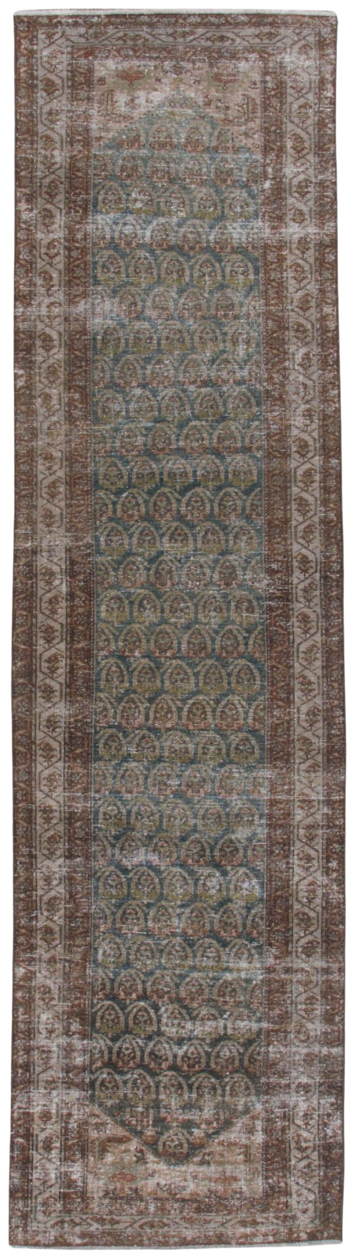 A rectangular vintage-style area rug with an intricate distressed pattern in muted brown, beige, and teal blue-green tones.
