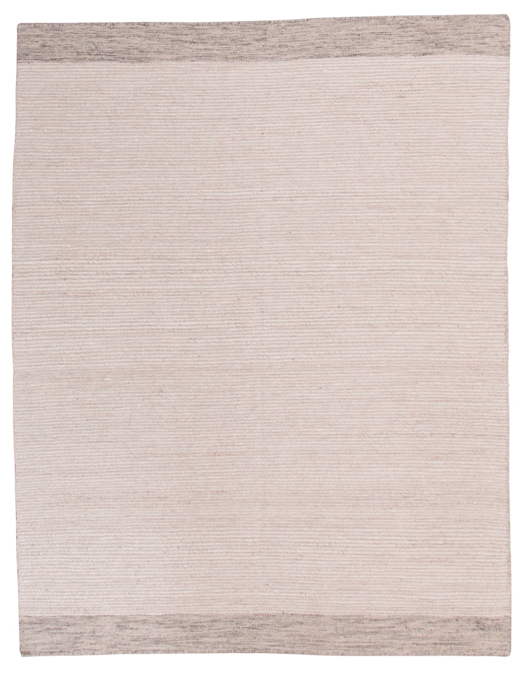 A rectangular woven rug in a light beige color with textured vertical ribbing and contrasting taupe-gray side borders, shown flat against a white background.