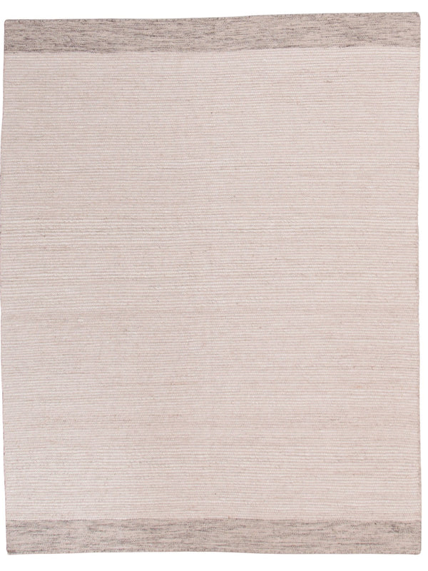 A rectangular woven rug in a light beige color with textured vertical ribbing and contrasting taupe-gray side borders, shown flat against a white background.
