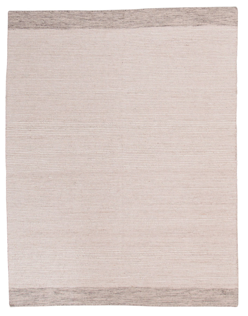 A rectangular woven rug in a light beige color with textured vertical ribbing and contrasting taupe-gray side borders, shown flat against a white background.