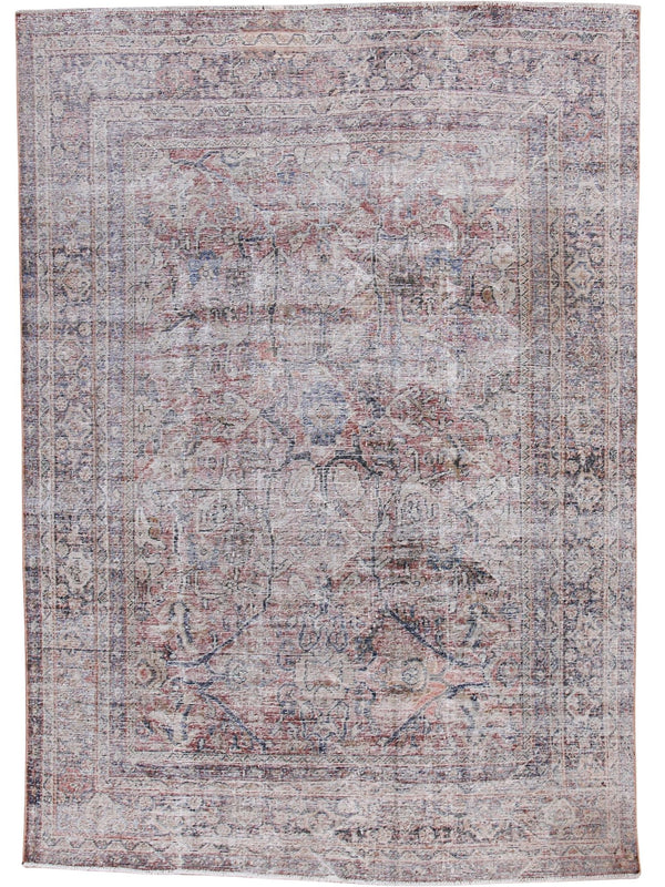 A distressed traditional oriental rug with an intricate floral and medallion pattern in faded dusty pink, beige, and muted blue-gray tones, shown flat against a white background.